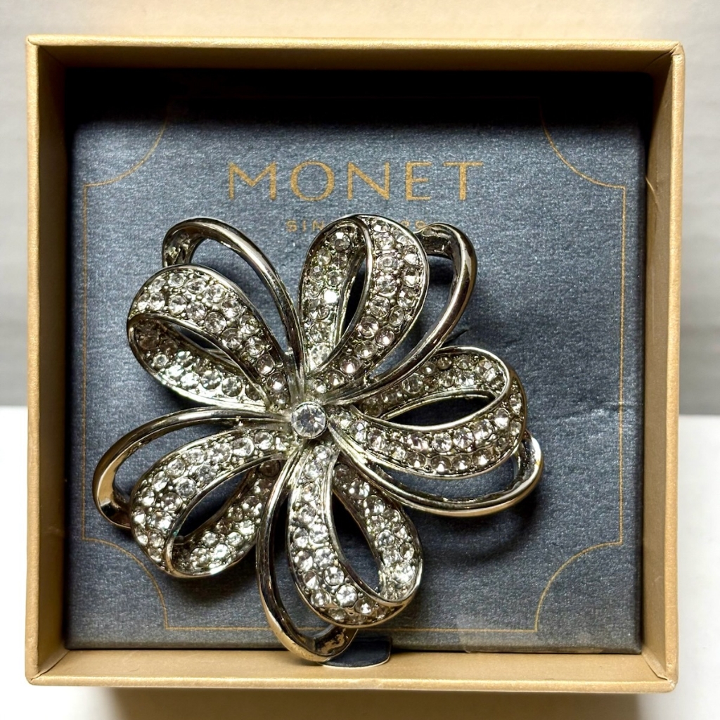 Monet Vintage Silver And Crystal Ribbon Classic Signature Brooch With Box